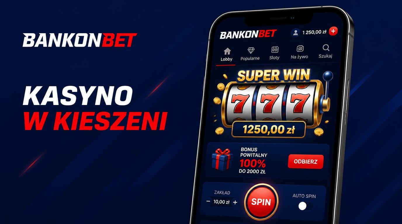 Grafika przedstawiająca aplikację kasyna na telefonie z czytelnym interfejsem, slotem i promocją
