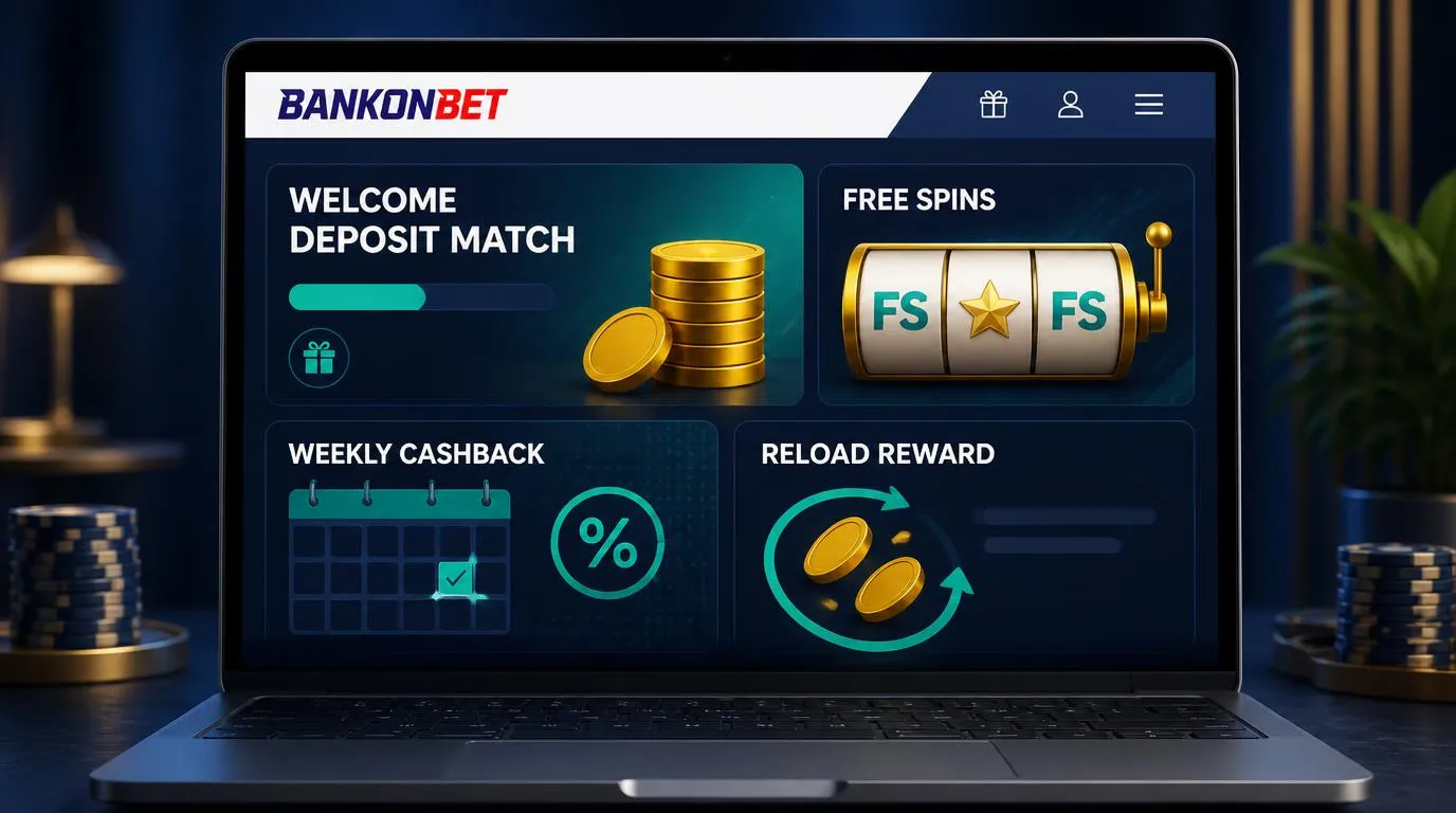 Ekran promocji kasyna z bonusem od wpłaty, darmowymi spinami i nagrodami tygodniowymi