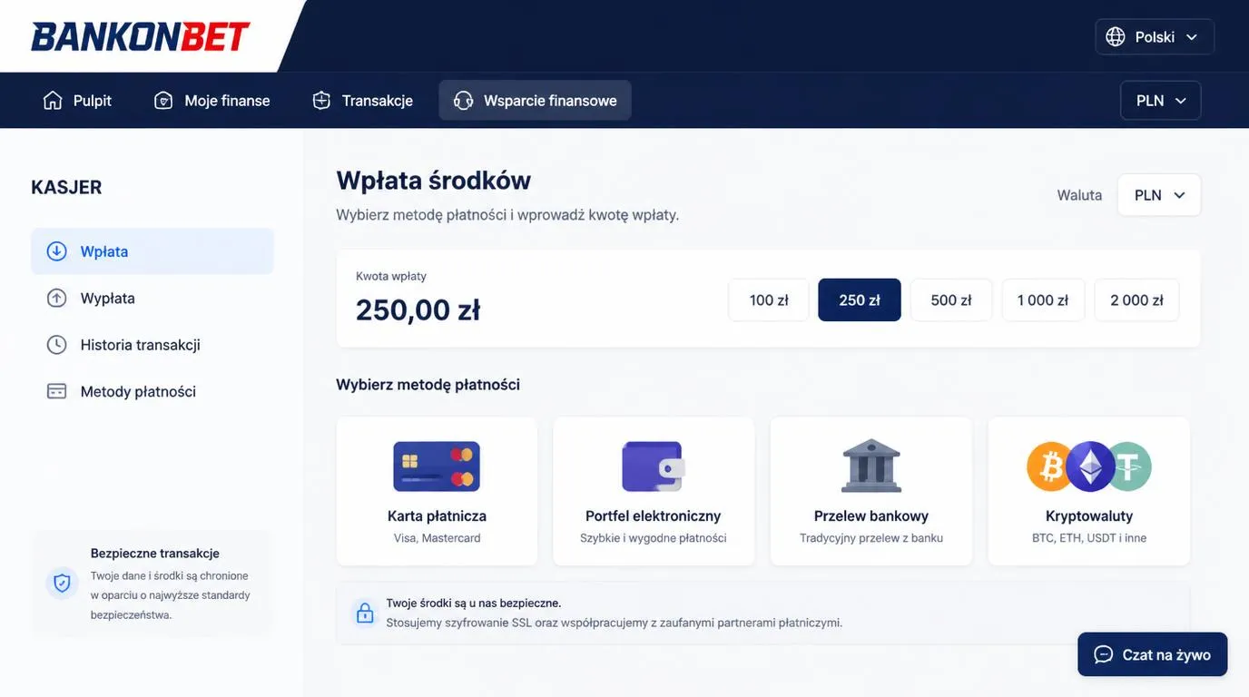 Ekran kasy z wyborem PLN, metod płatności i przyciskiem czatu pomocy